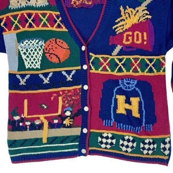 Northern Isles Sweater Womens 2X Blue Varsity Back to School Hand Knit Cardigan - Picture 4 of 16